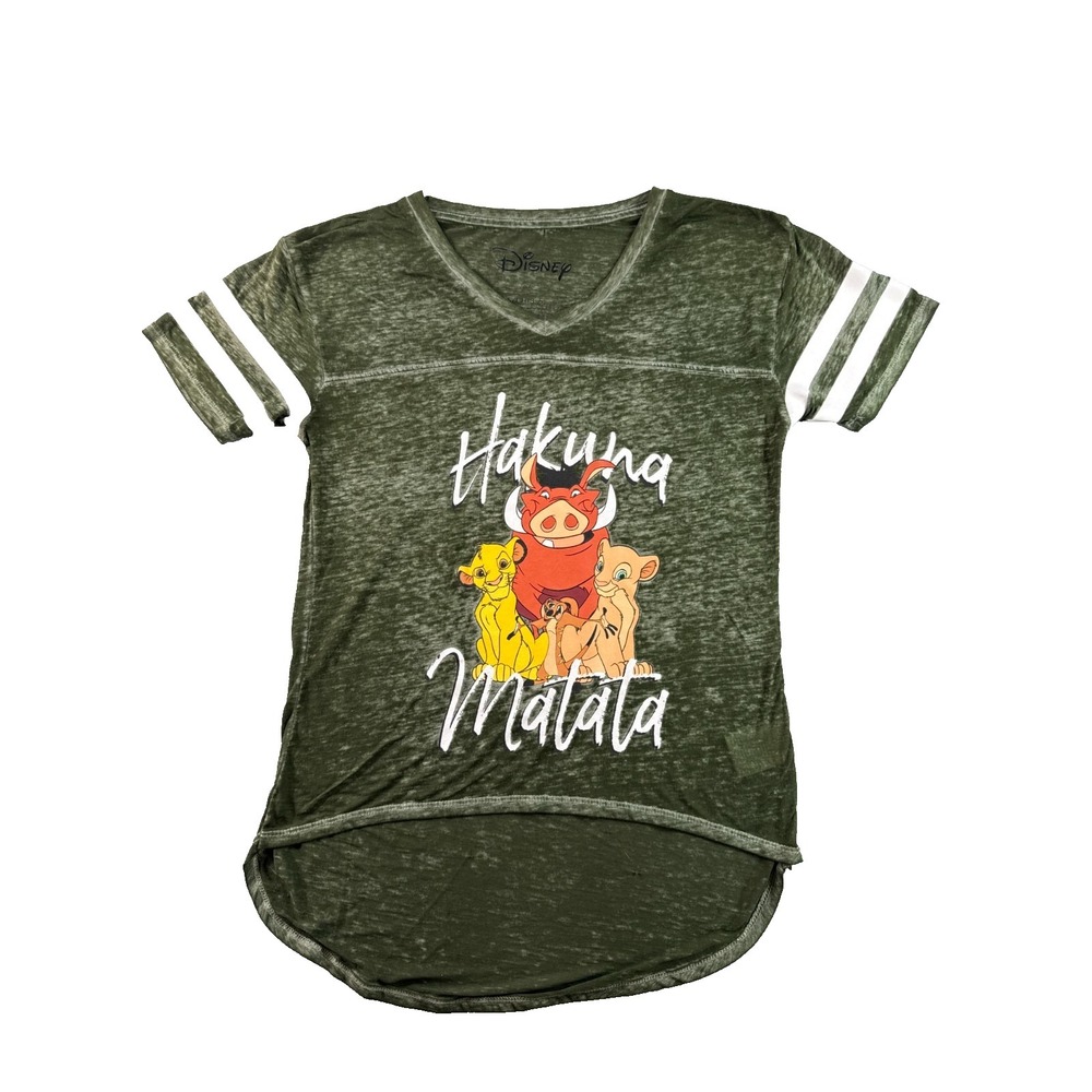 Disney Lion King Hakuna Matata Womens S Olive Green Burnout V-Neck Varsity Tee